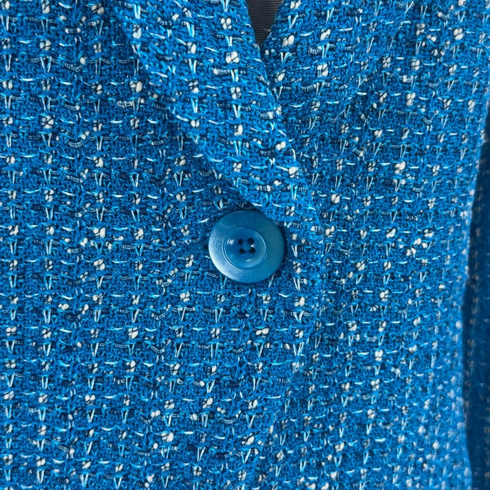 ST. JOHN Knits Boucle Tweed Blazer Wool Blend Stretch Blue White Jacket Size 10 - Picture 6 of 13
